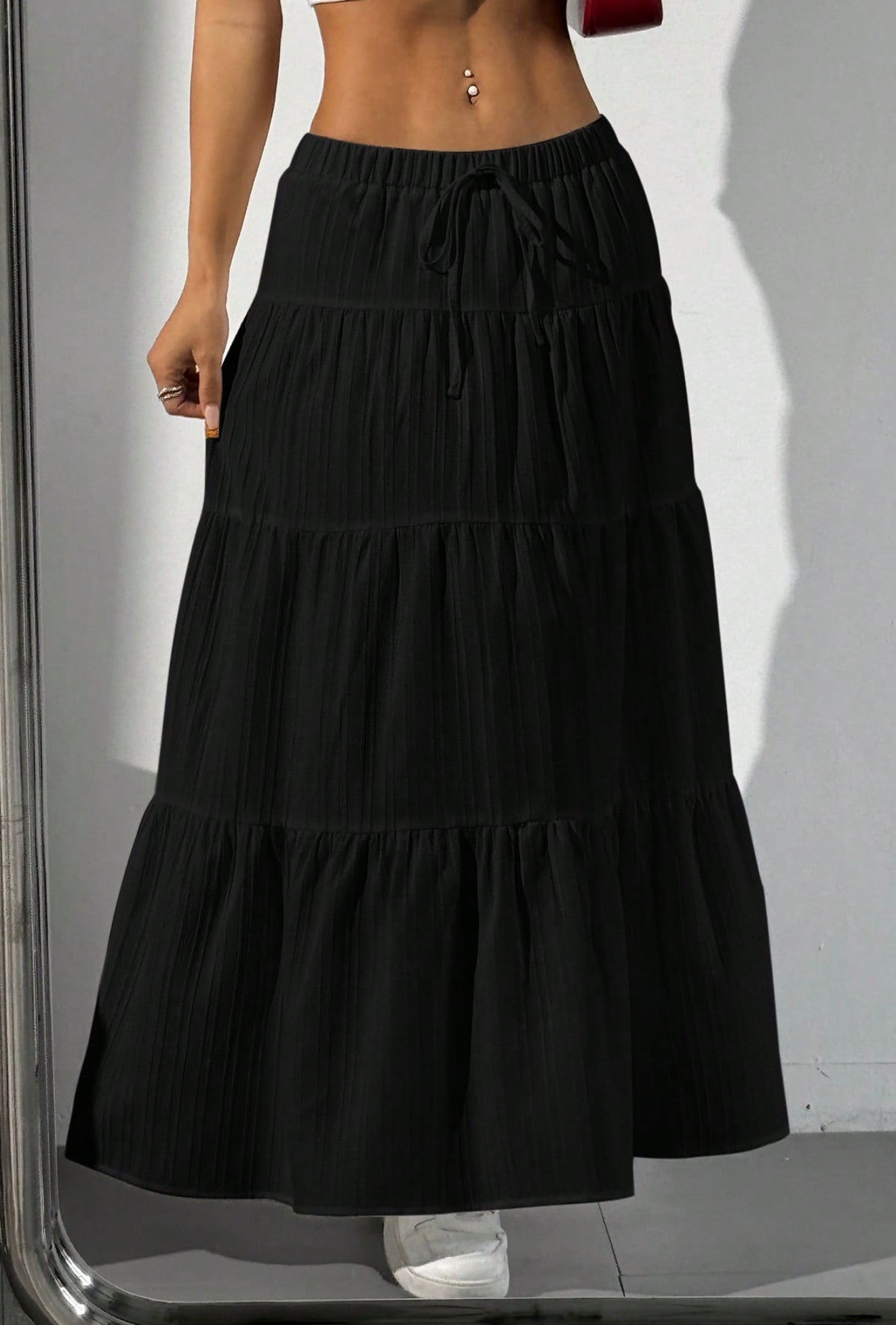 Women Solid black High Waist Tie Ruffled Hem Maxi Skirt