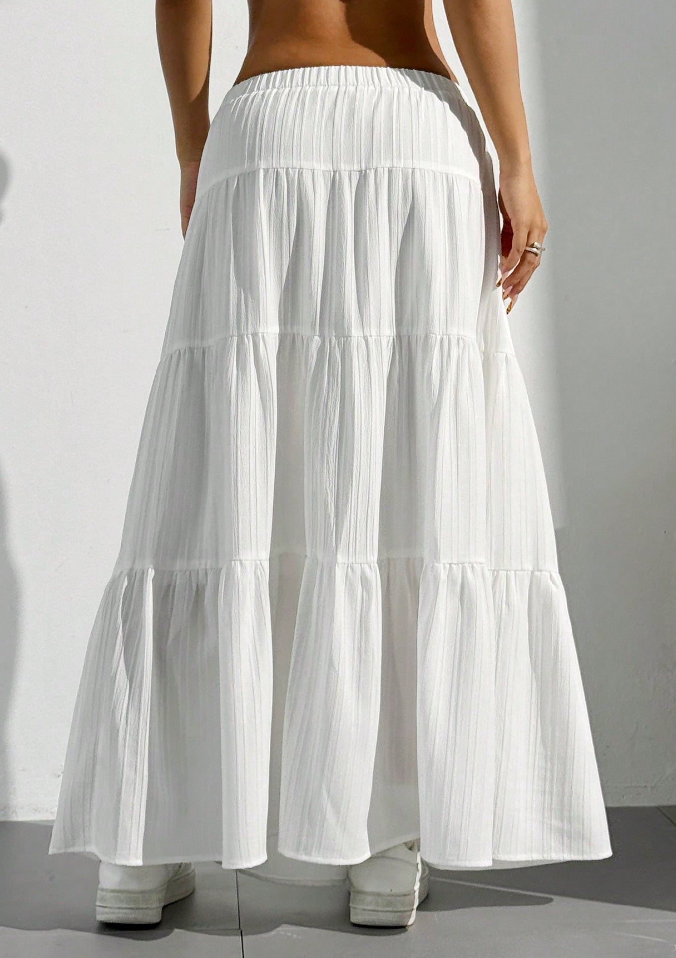 Women Solid white High Waist Tie Ruffled Hem Maxi Skirt