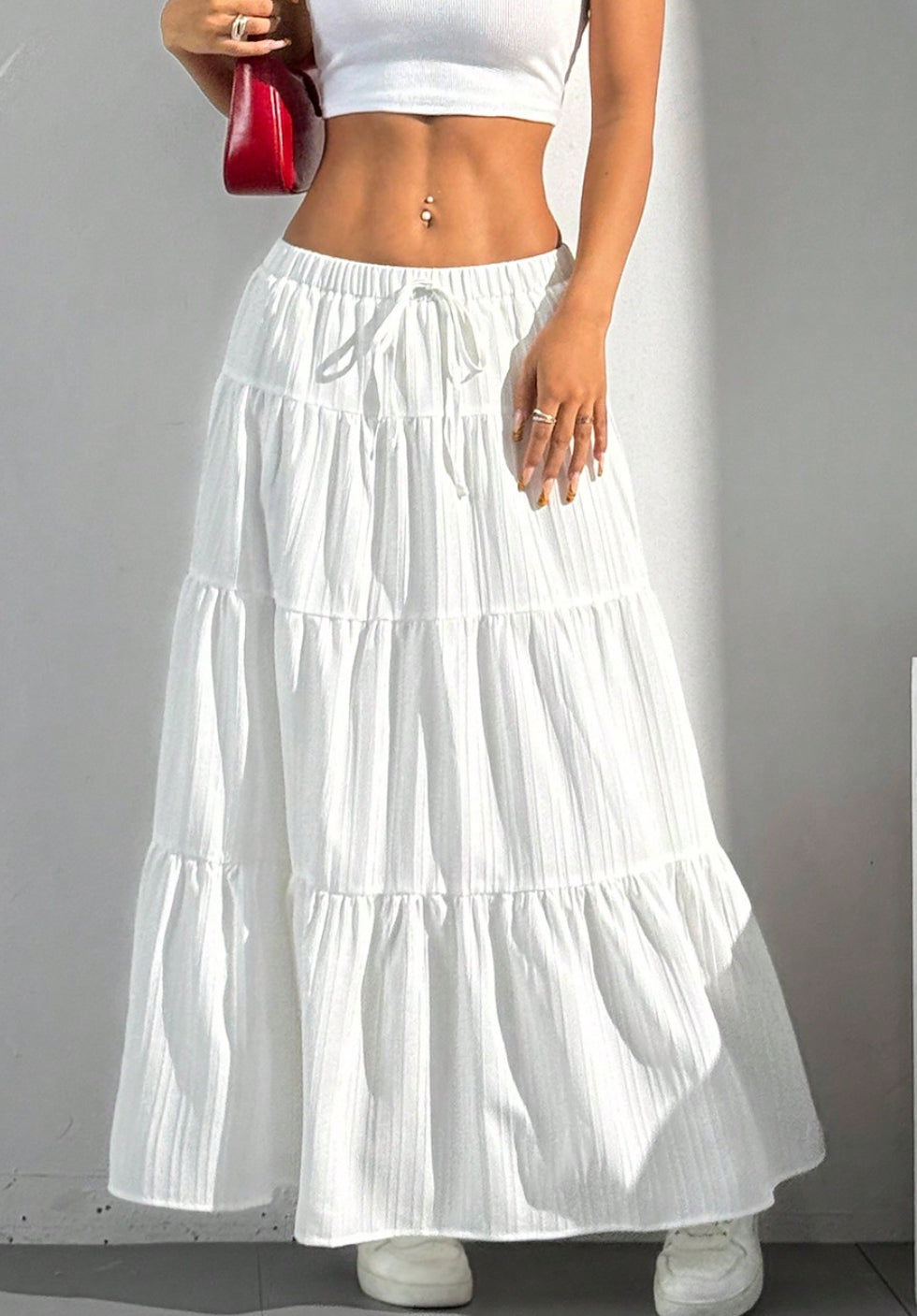 Women Solid white High Waist Tie Ruffled Hem Maxi Skirt