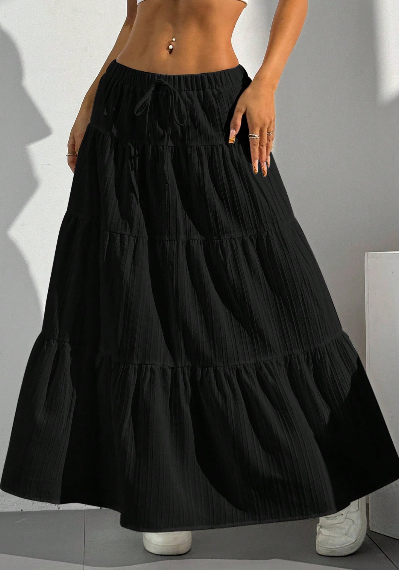 Women Solid black High Waist Tie Ruffled Hem Maxi Skirt