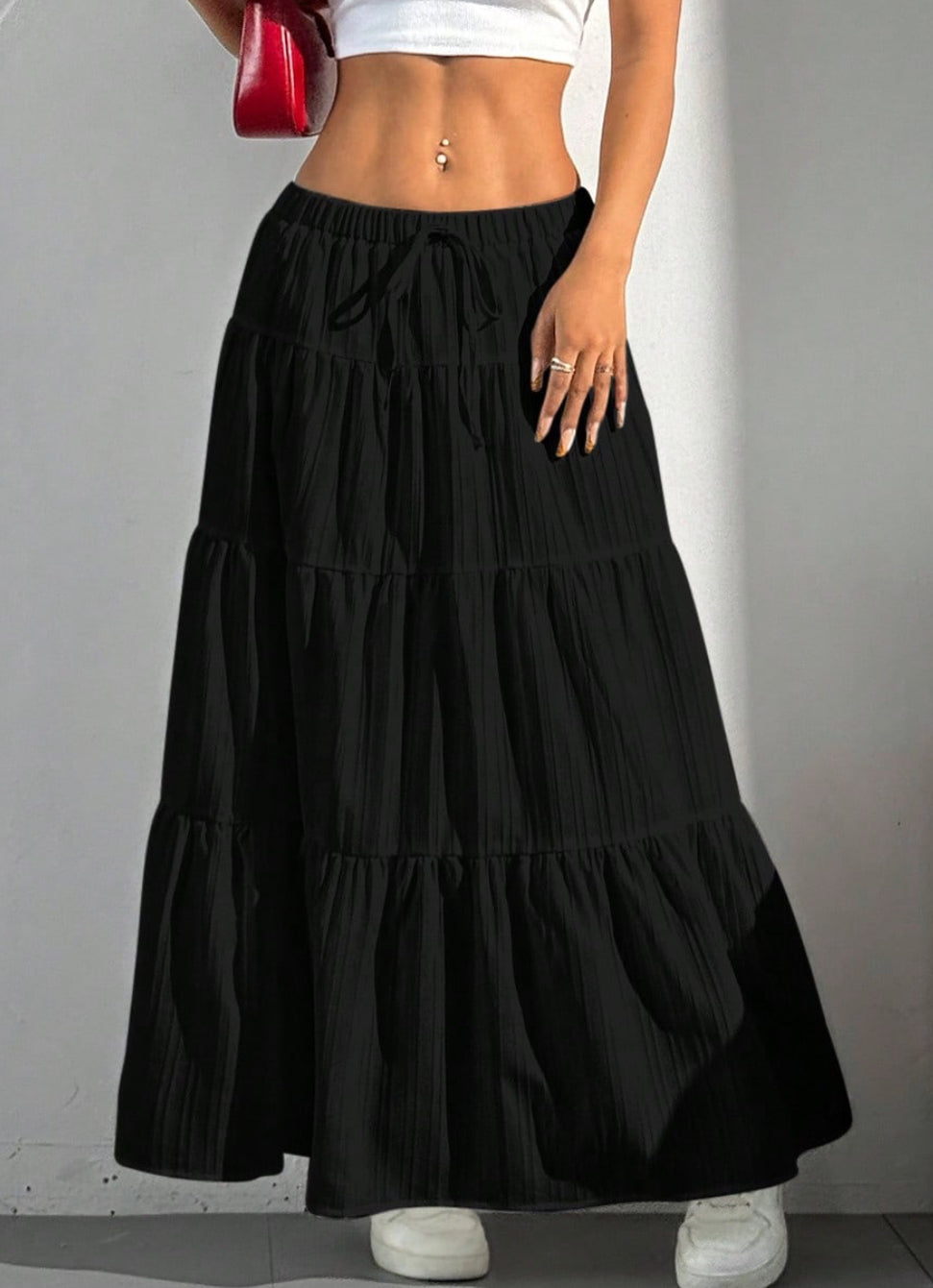 Women Solid black High Waist Tie Ruffled Hem Maxi Skirt