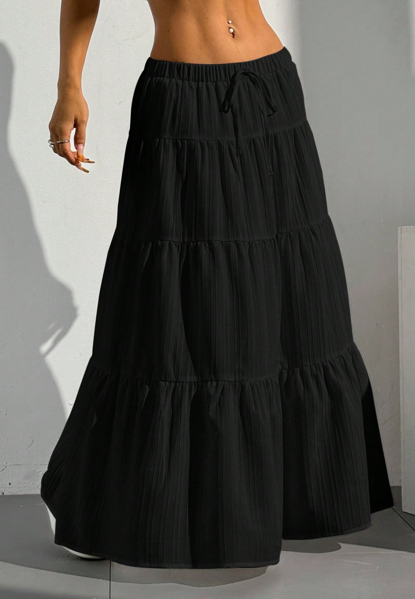 Women Solid black High Waist Tie Ruffled Hem Maxi Skirt