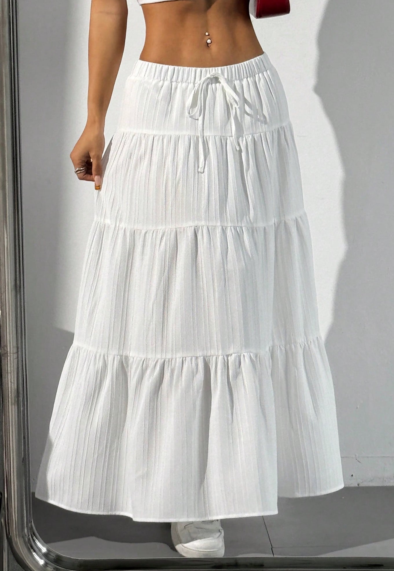 Women Solid white High Waist Tie Ruffled Hem Maxi Skirt