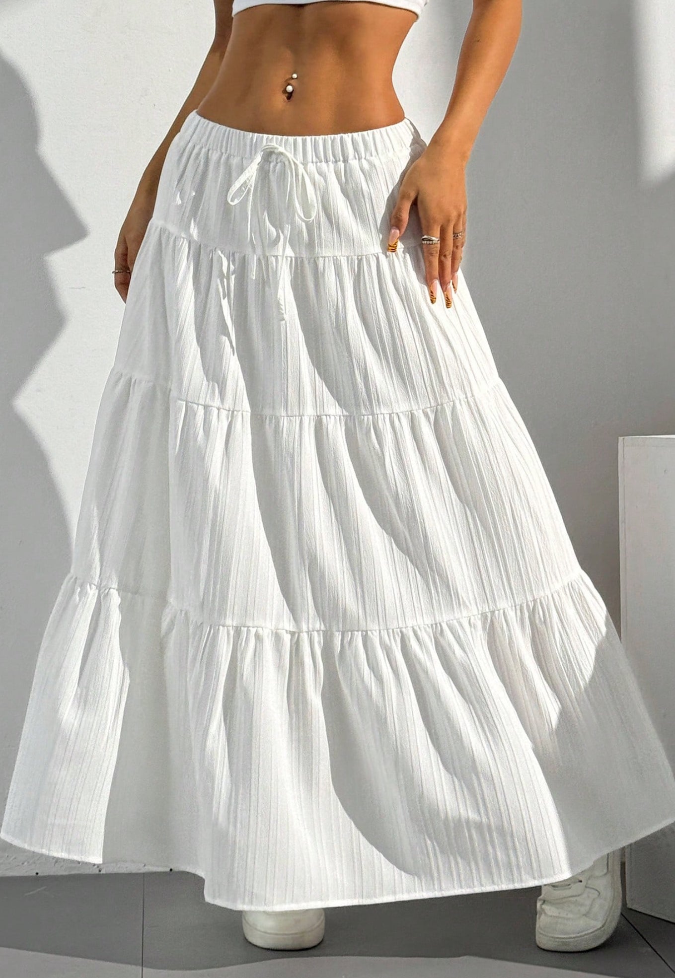 Women Solid white High Waist Tie Ruffled Hem Maxi Skirt