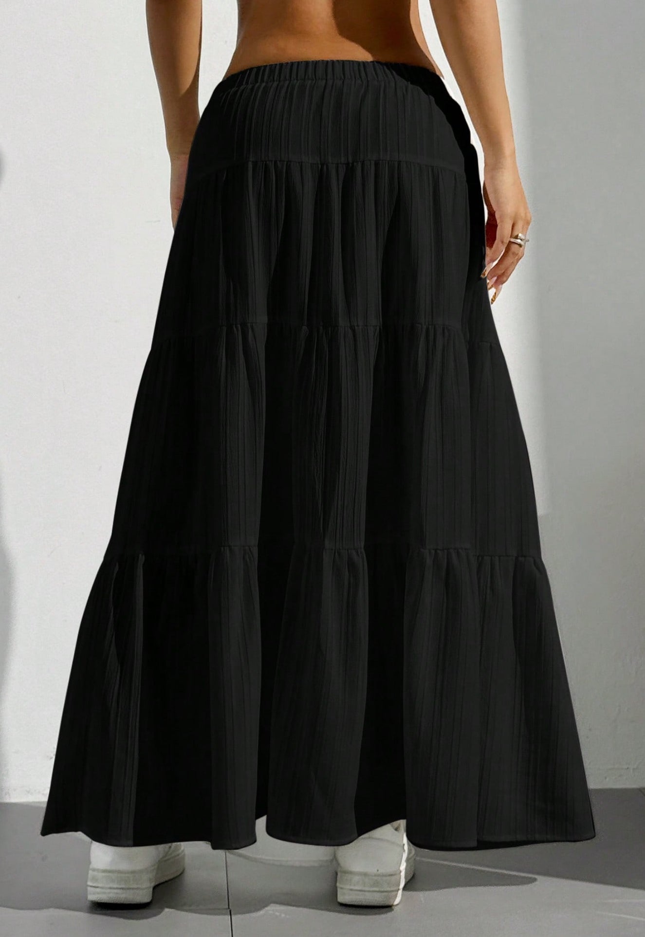 Women Solid black High Waist Tie Ruffled Hem Maxi Skirt