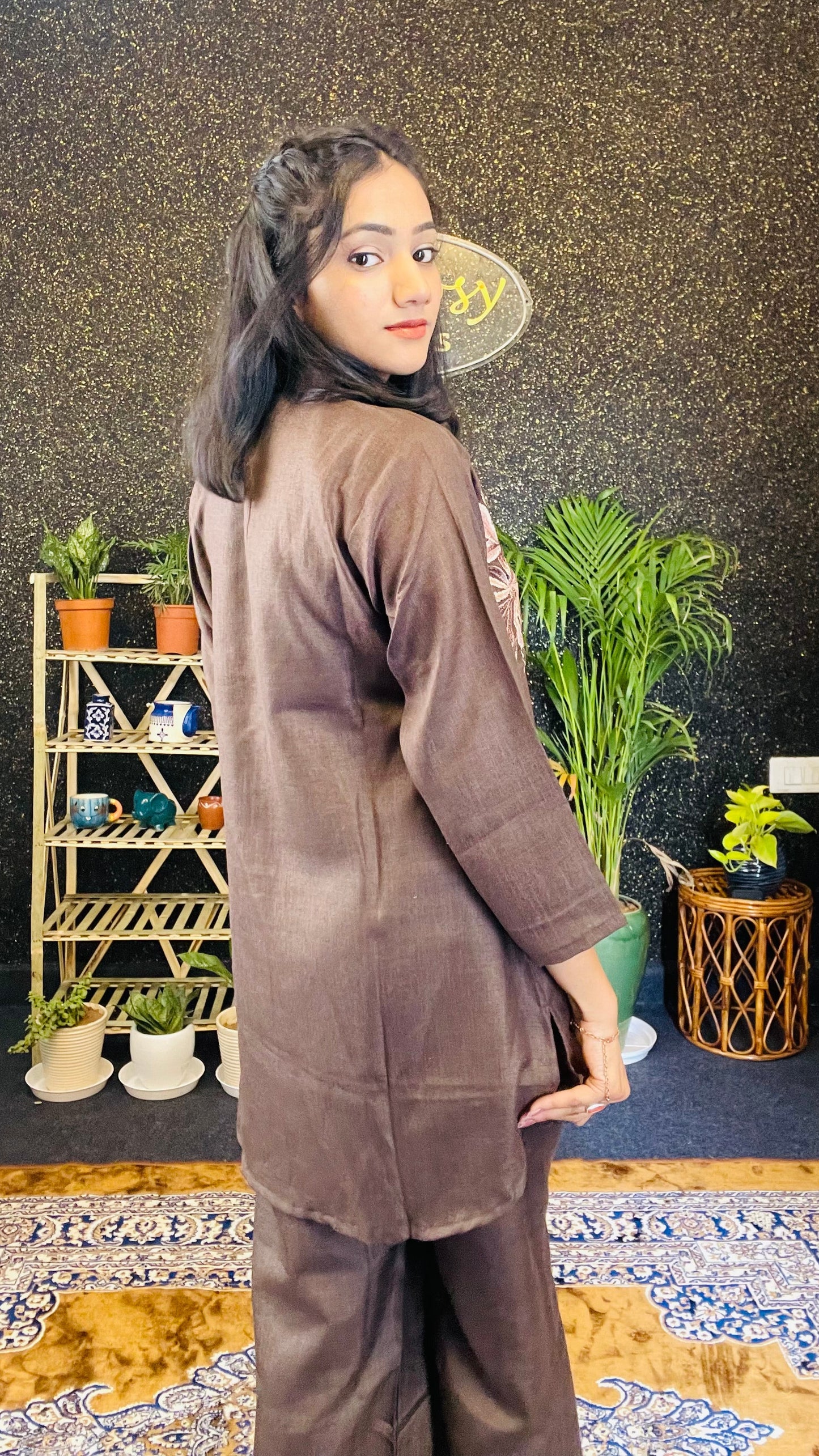 Elegant Brown Embroidered Cotton Silk Co-ord Set