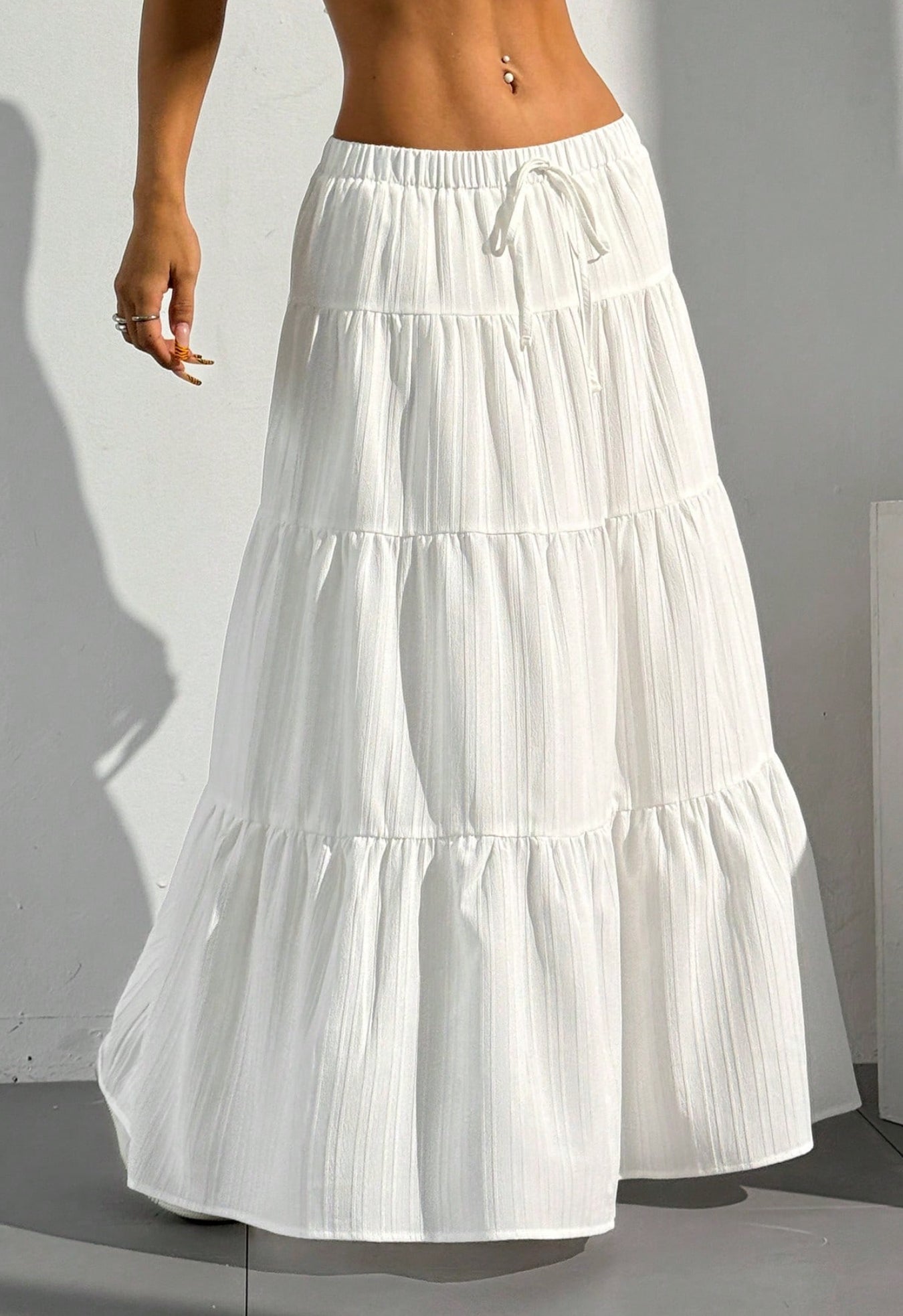 Women Solid white High Waist Tie Ruffled Hem Maxi Skirt
