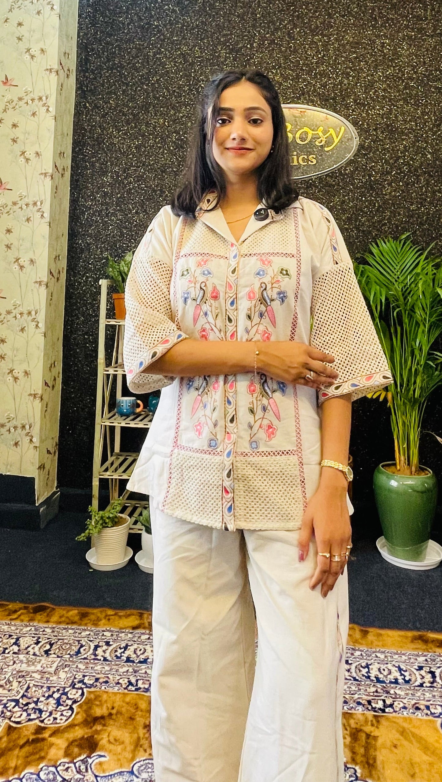 Ivory-Embroidered Jute Cotton Co-ord Set
