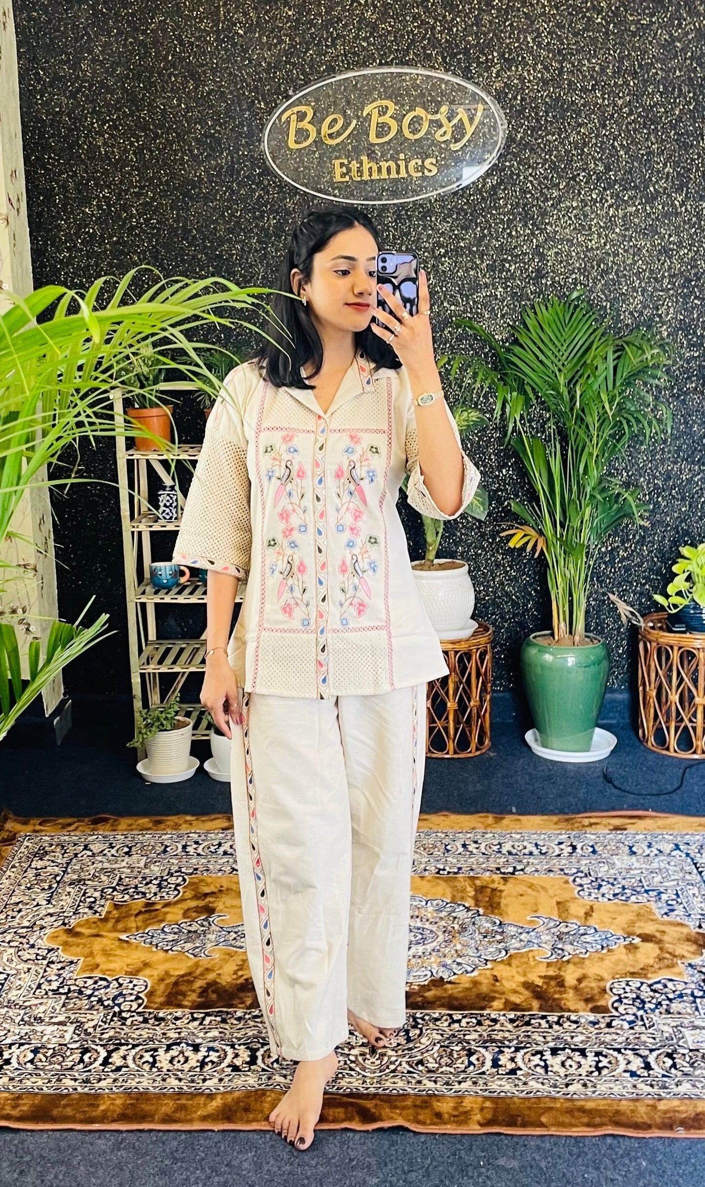 Ivory-Embroidered Jute Cotton Co-ord Set