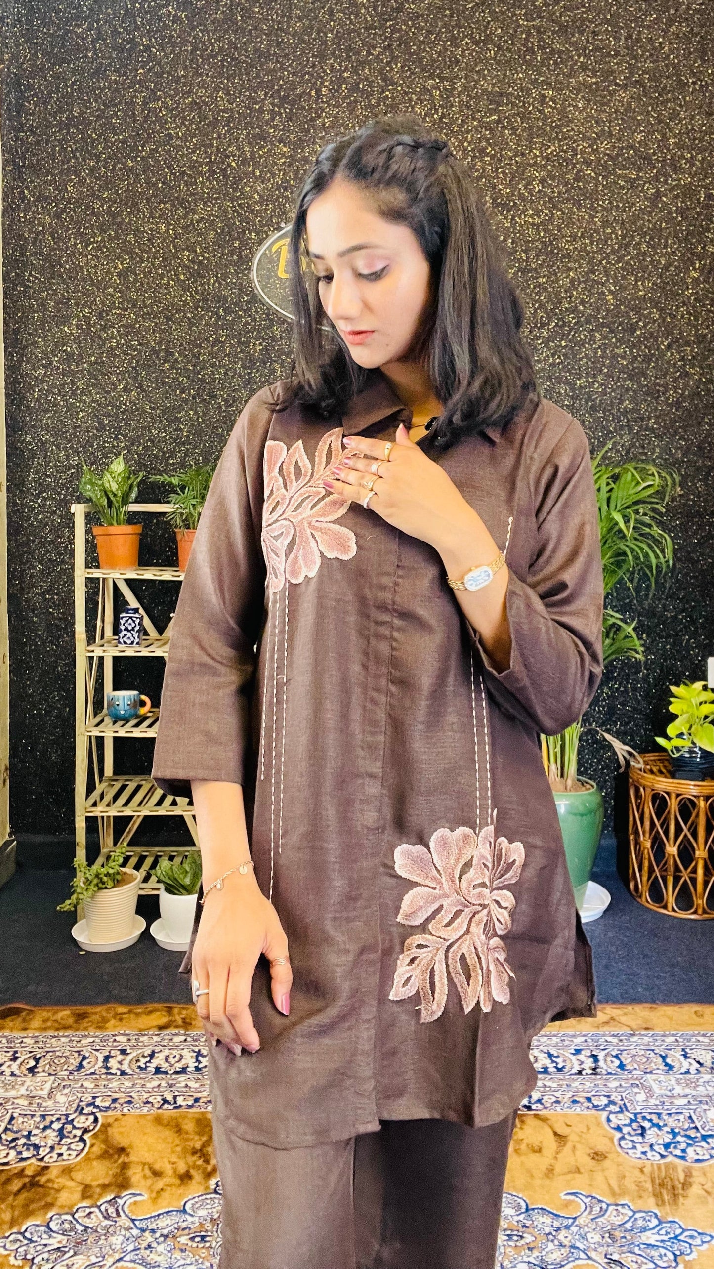 Elegant Brown Embroidered Cotton Silk Co-ord Set