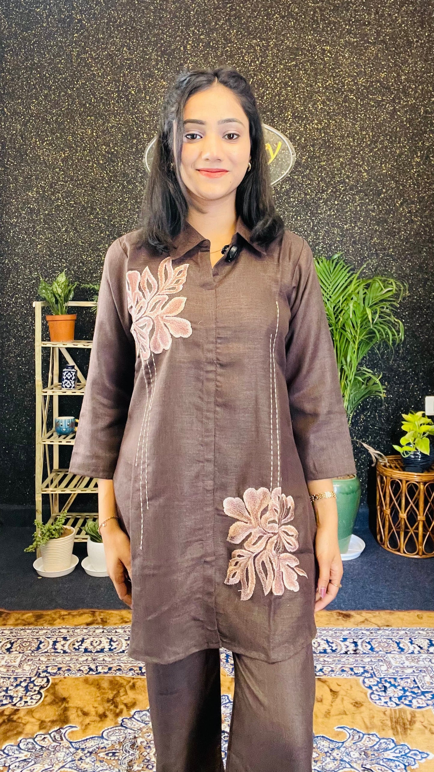 Elegant Brown Embroidered Cotton Silk Co-ord Set