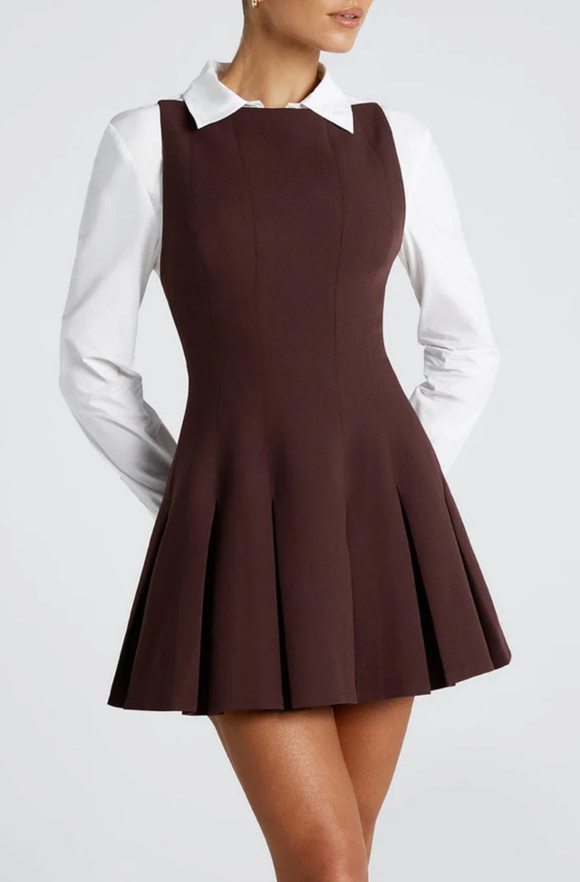 Slash Brown Mini Pleated Dress