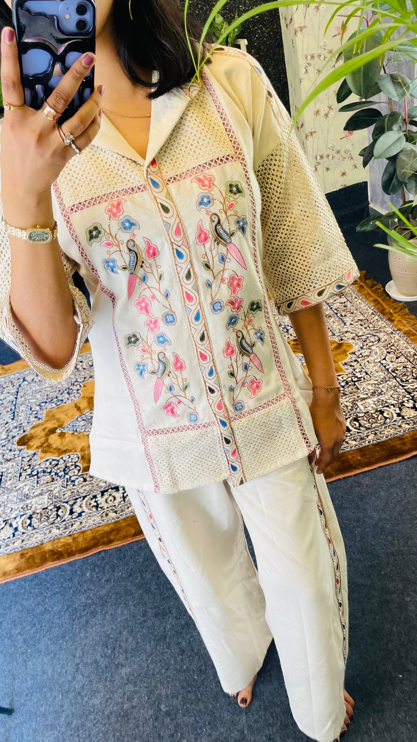 Ivory-Embroidered Jute Cotton Co-ord Set