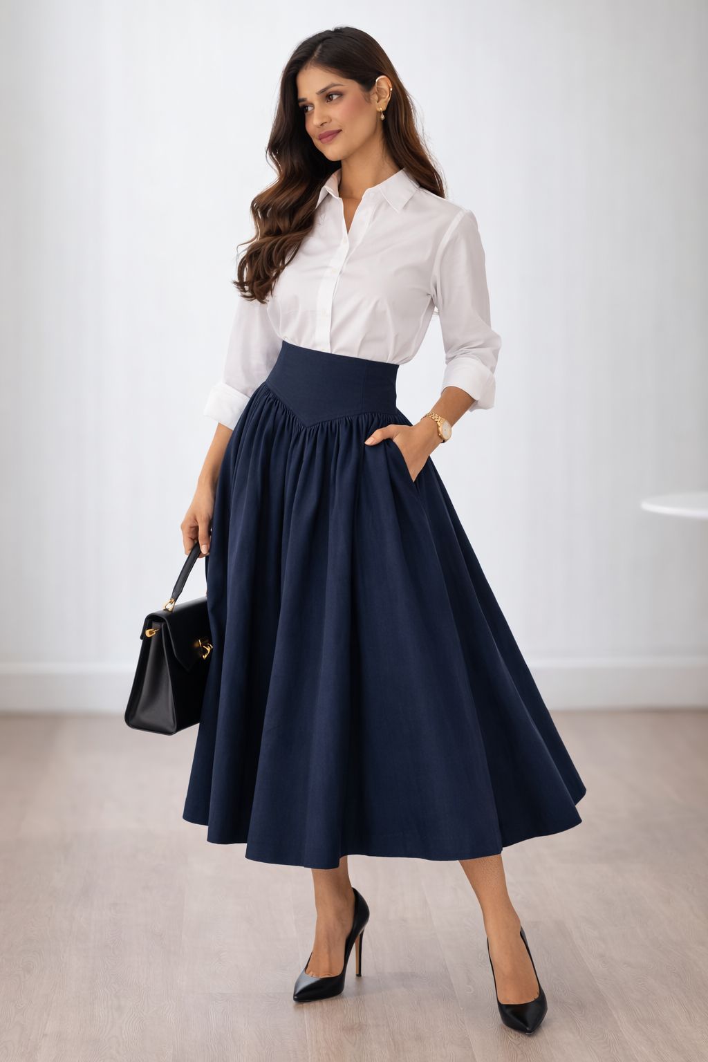 Women’s High Waist Flared Midi Skirt – Elegant Office & Casual Skirt