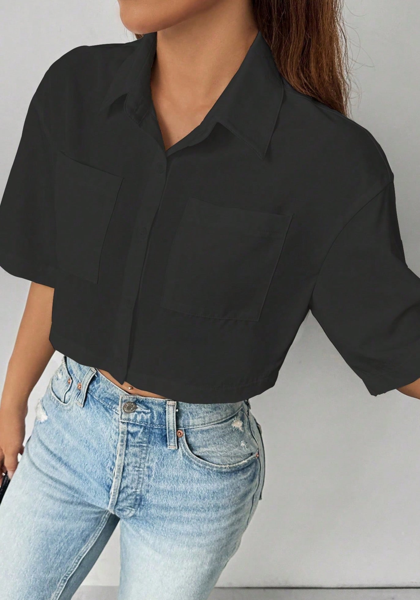 Plain Shirt Collar Front Button Short Sleeve Pocket Minimalist Casual shirt