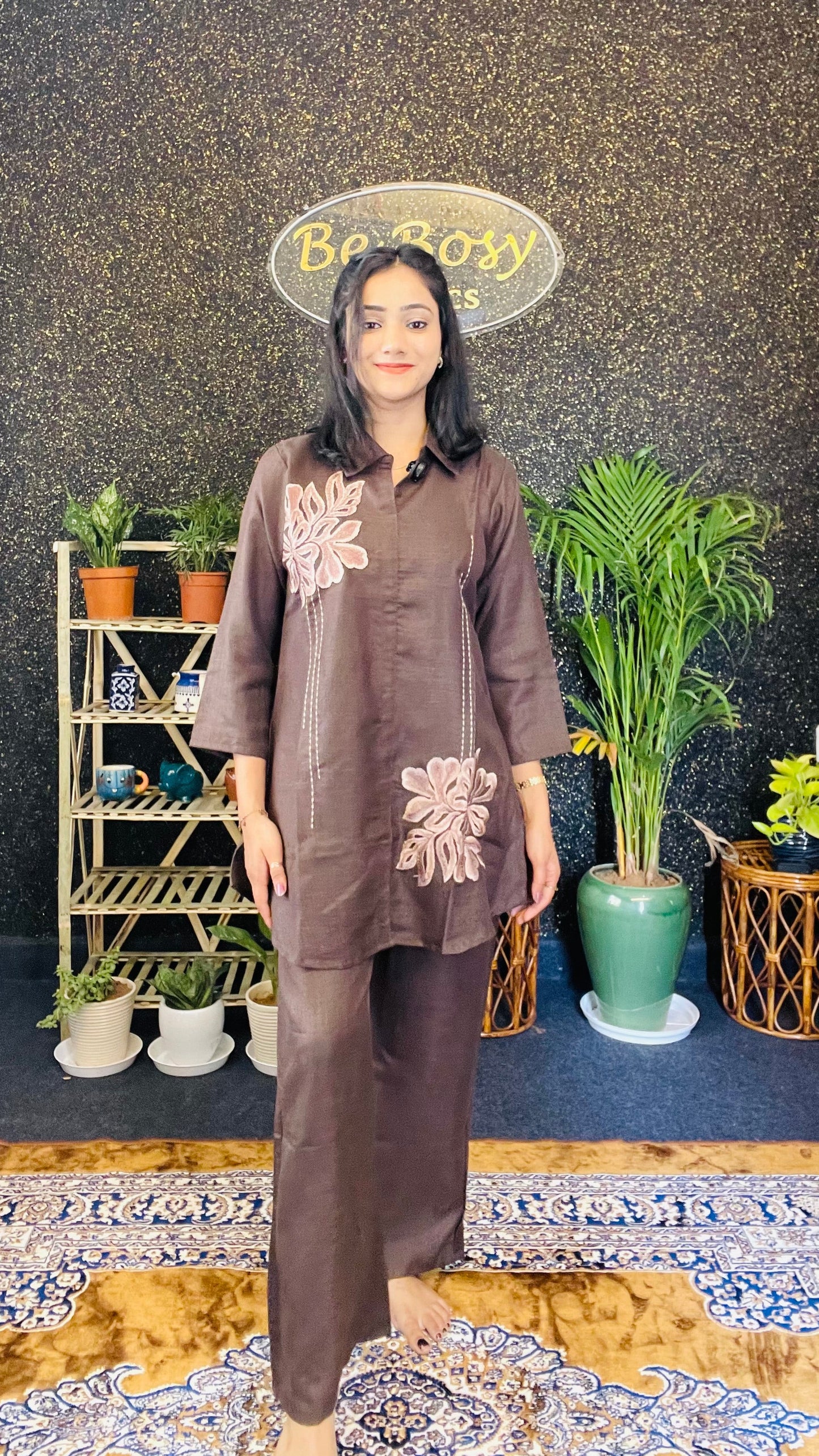 Elegant Brown Embroidered Cotton Silk Co-ord Set