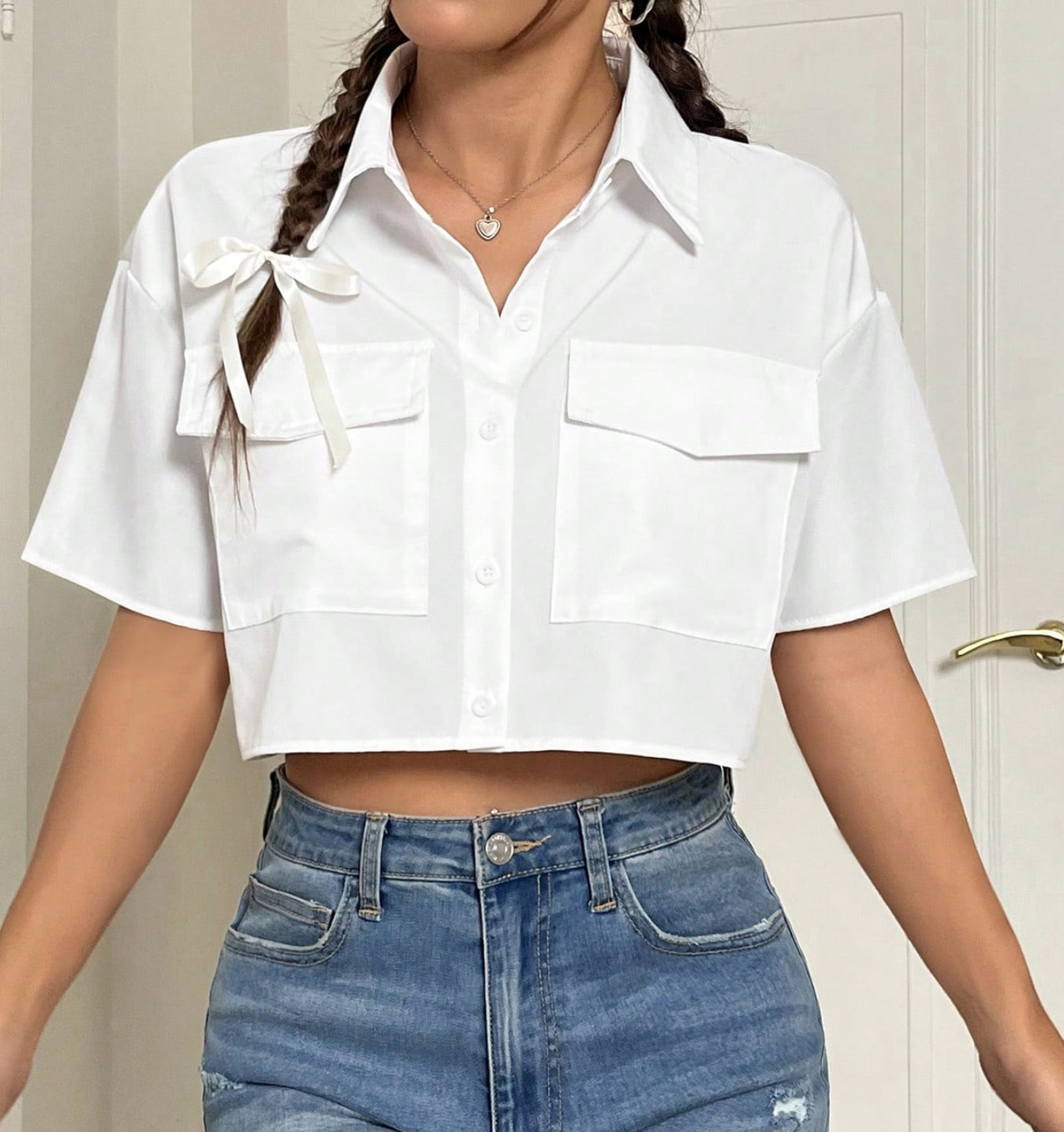 Women Summer Solid Color Workwear Pocket Cropped Casual Short Sleeve