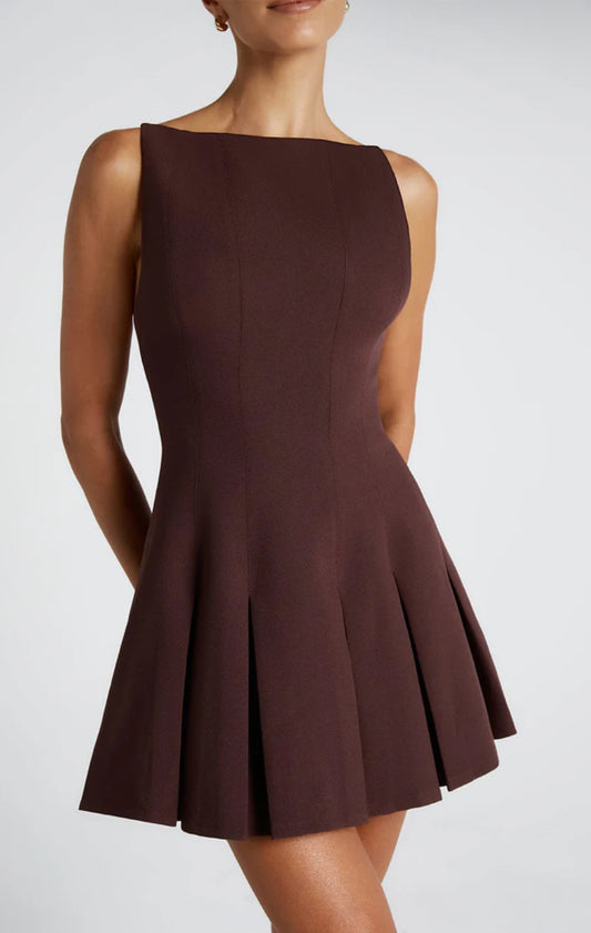 Slash Brown Mini Pleated Dress