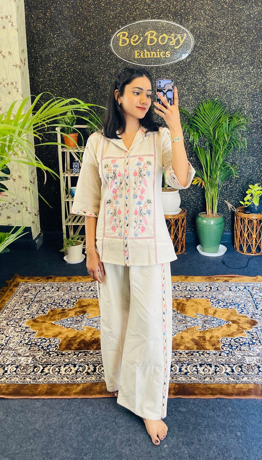 Ivory-Embroidered Jute Cotton Co-ord Set
