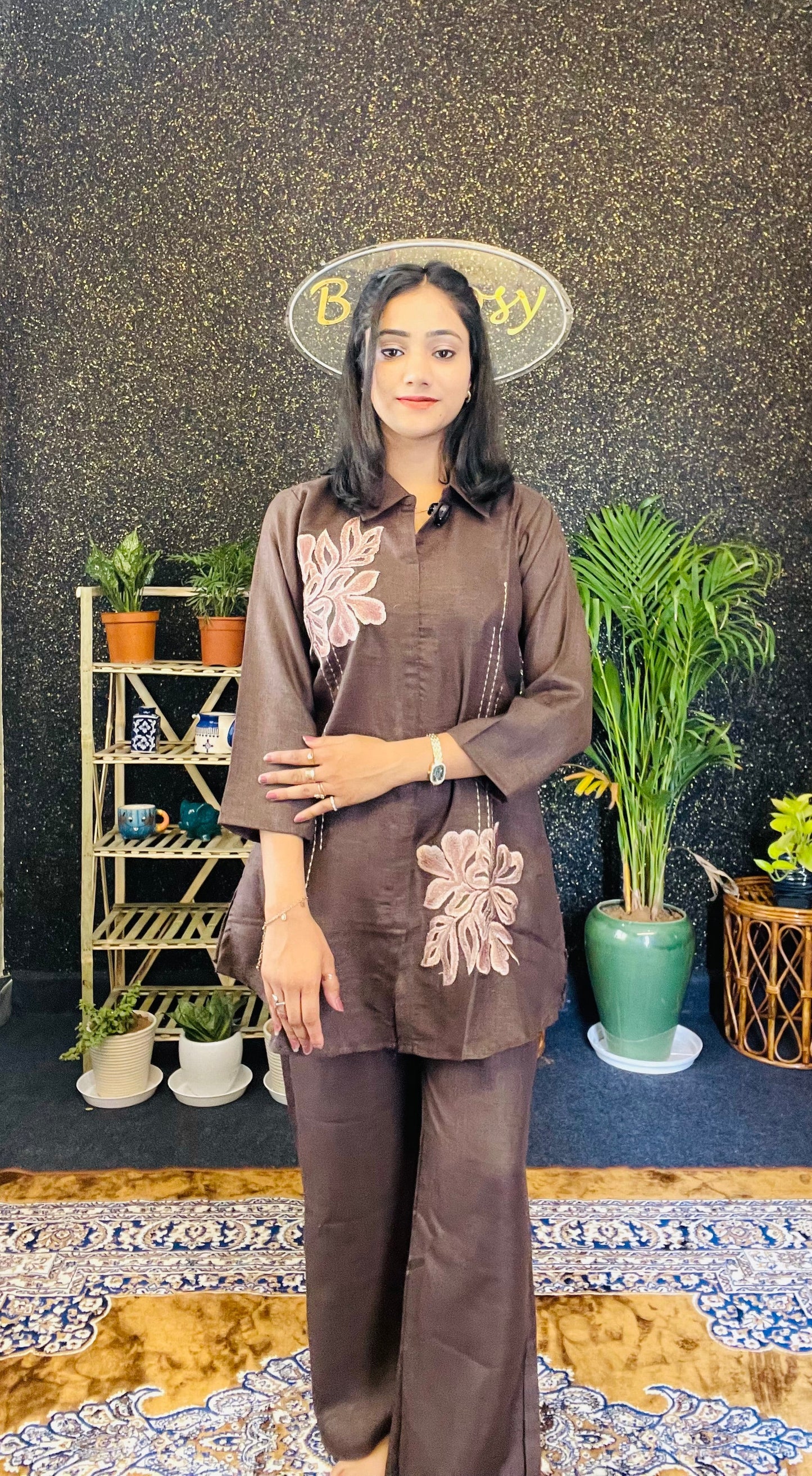 Elegant Brown Embroidered Cotton Silk Co-ord Set