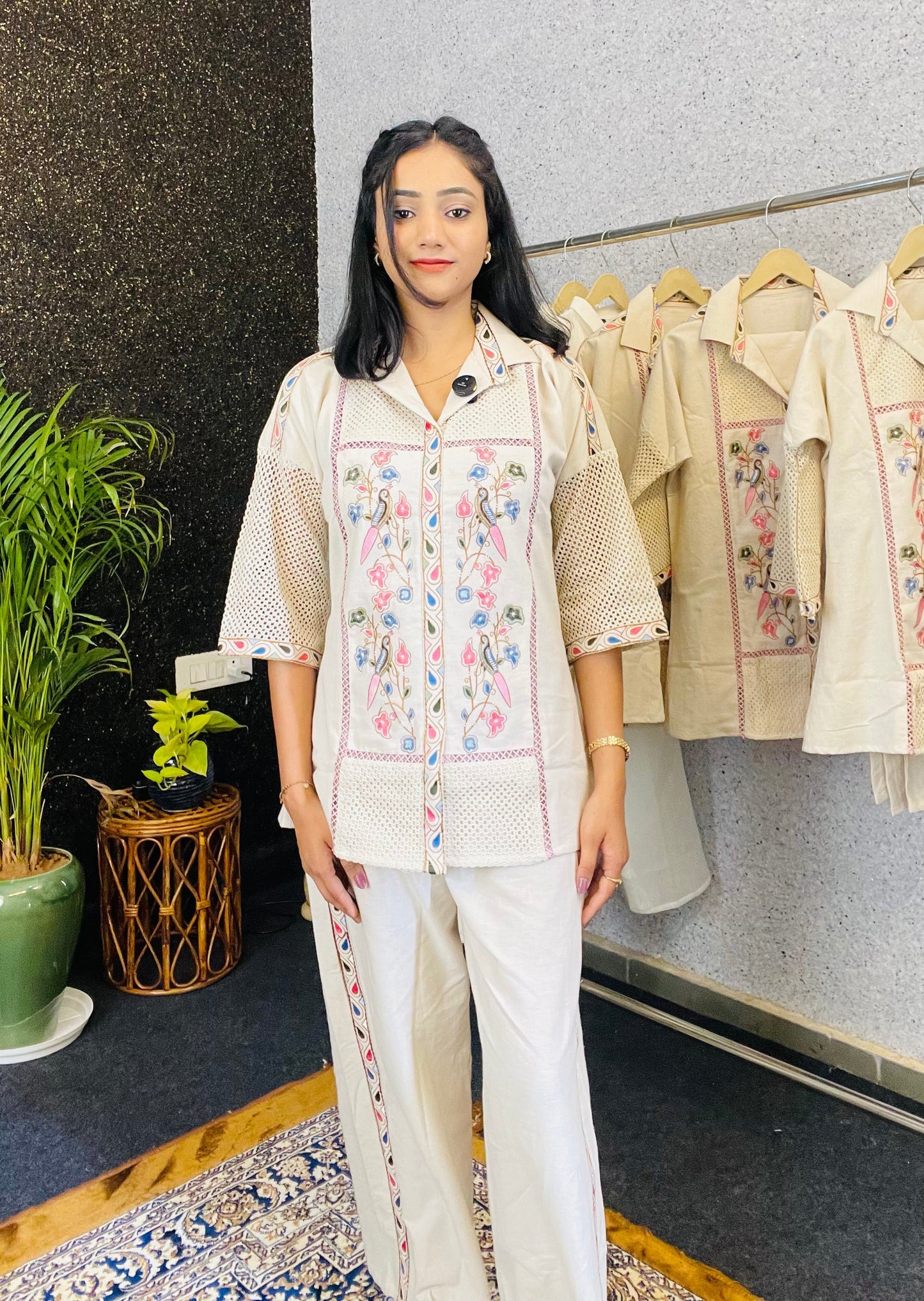 Ivory-Embroidered Jute Cotton Co-ord Set