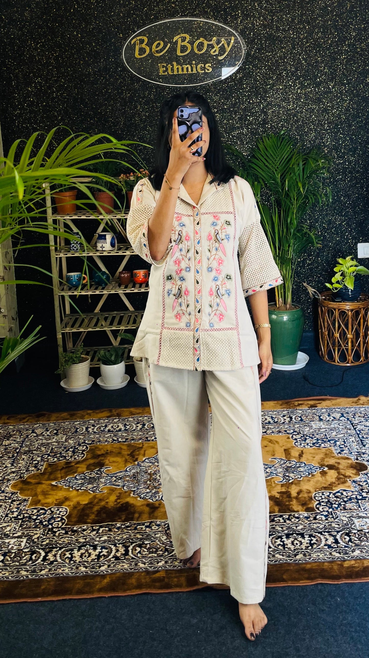 Ivory-Embroidered Jute Cotton Co-ord Set
