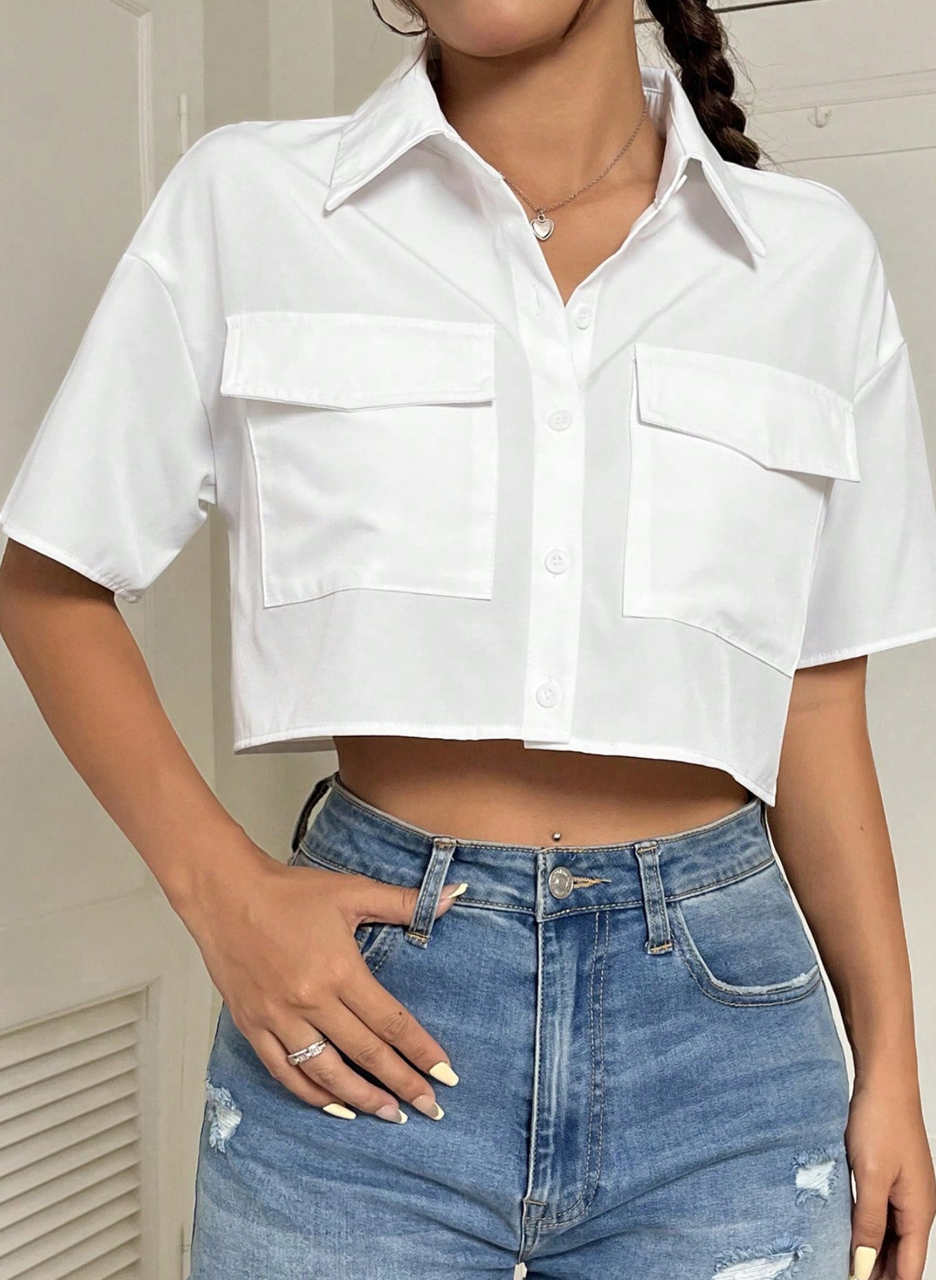 Women Summer Solid Color Workwear Pocket Cropped Casual Short Sleeve