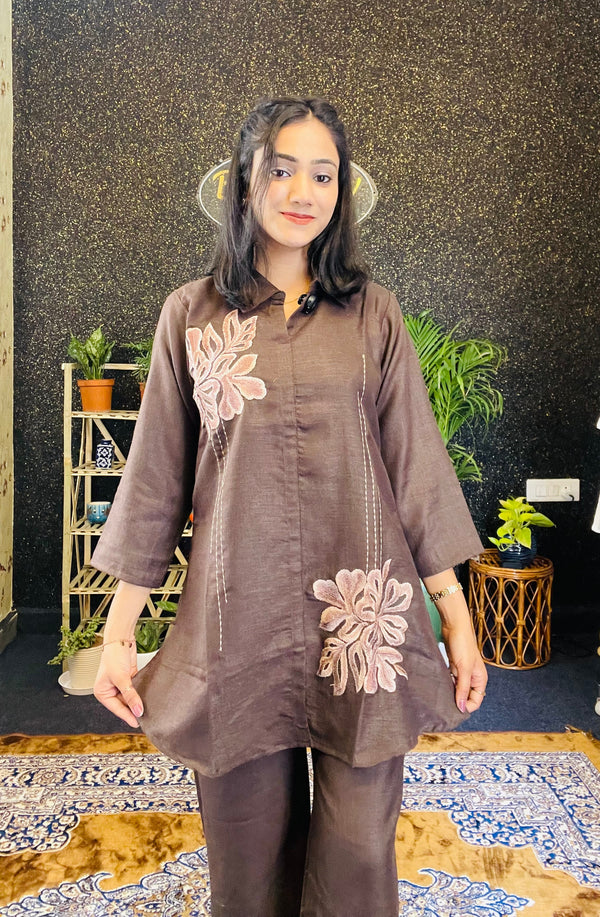 Elegant Brown Embroidered Cotton Silk Co-ord Set