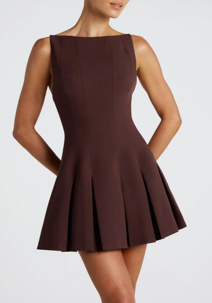 Slash Brown Mini Pleated Dress