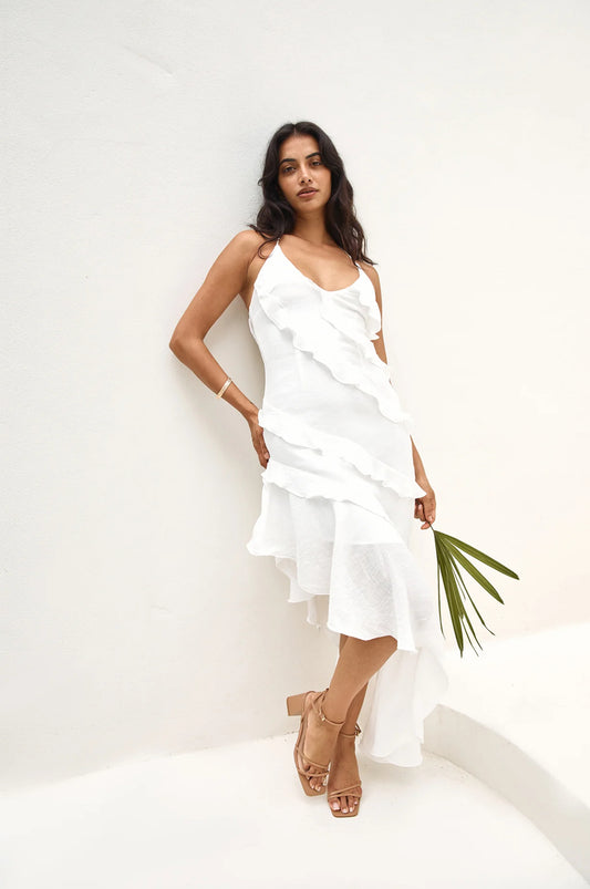 Halter Maxi Ruffle Dress White