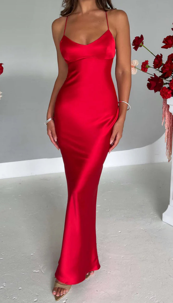 Red Satin Backless Maxi Dress