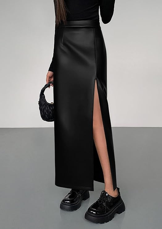 Black Leather Side Slit Skirt