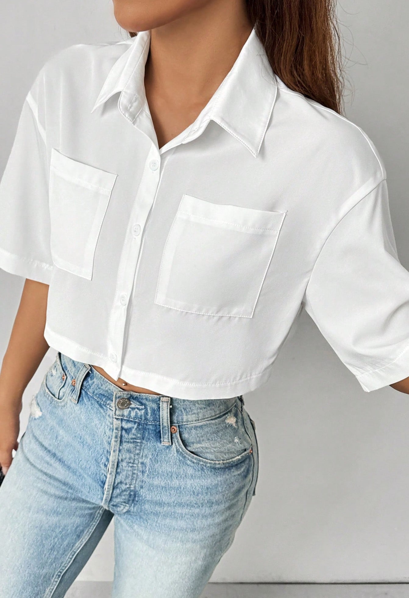 Plain Shirt Collar Front Button Short Sleeve Pocket Minimalist Casual shirt