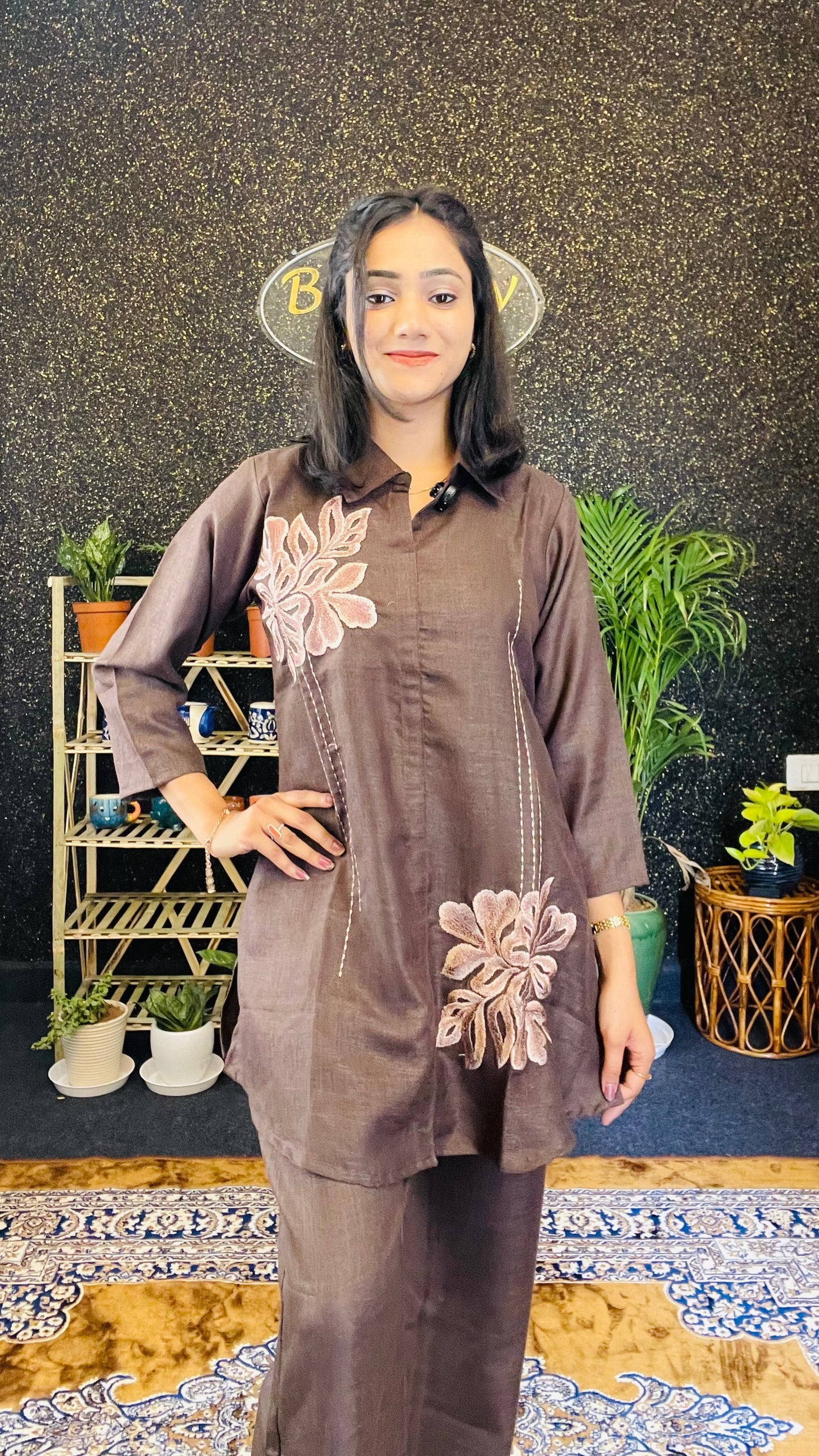 Elegant Brown Embroidered Cotton Silk Co-ord Set