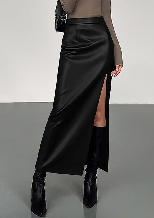 Black Leather Side Slit Skirt
