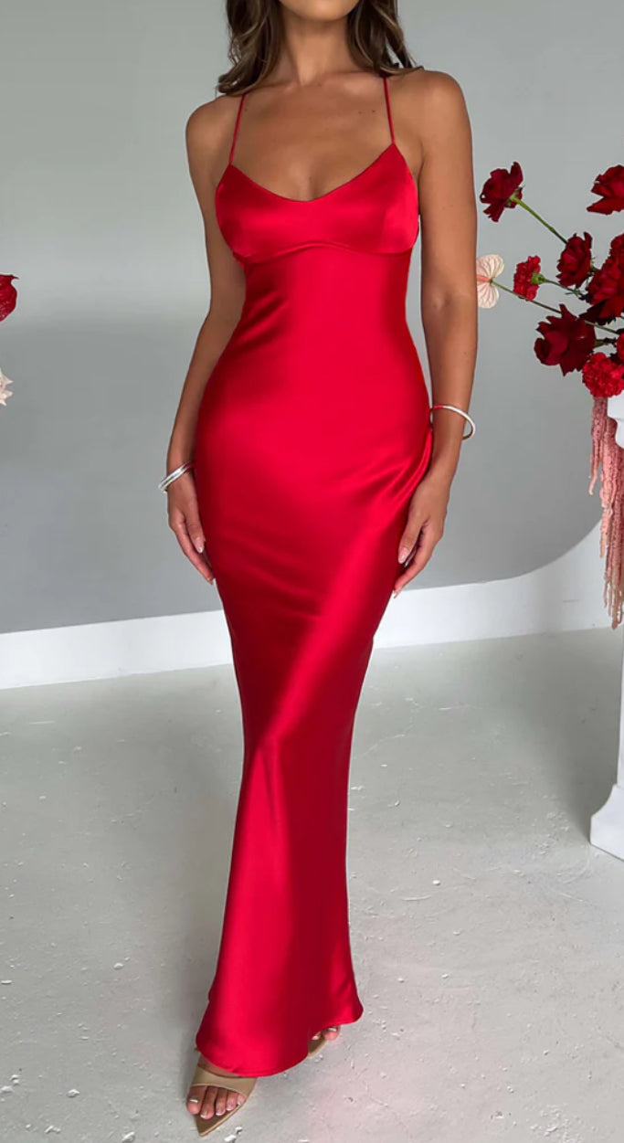 Red Satin Backless Maxi Dress