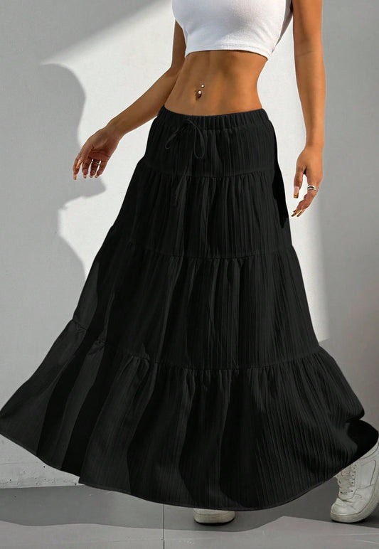 Women Solid black High Waist Tie Ruffled Hem Maxi Skirt