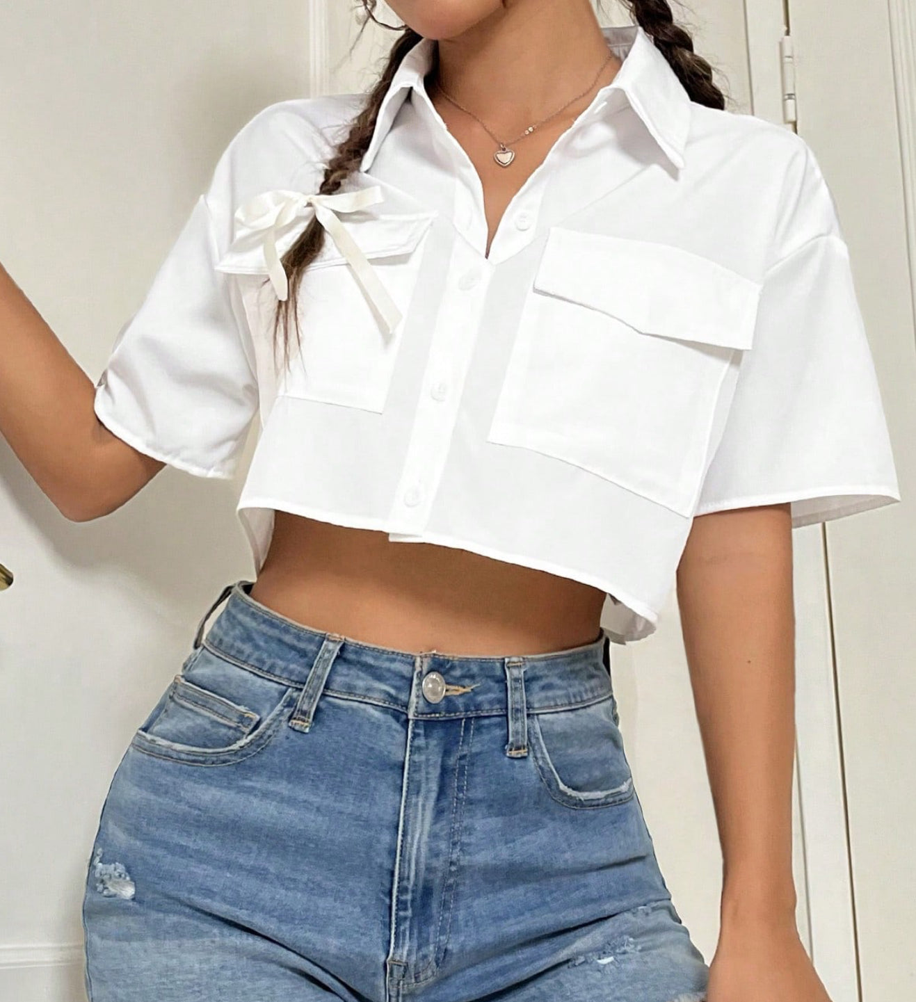 Women Summer Solid Color Workwear Pocket Cropped Casual Short Sleeve