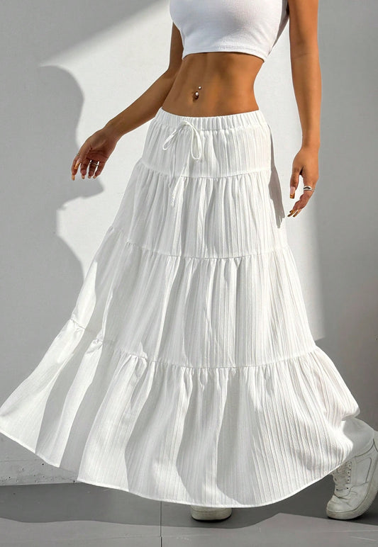 Women Solid white High Waist Tie Ruffled Hem Maxi Skirt
