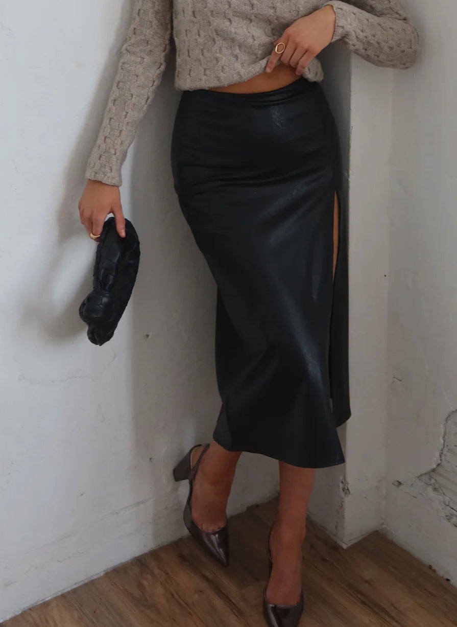 Black Leather Side Slit Skirt