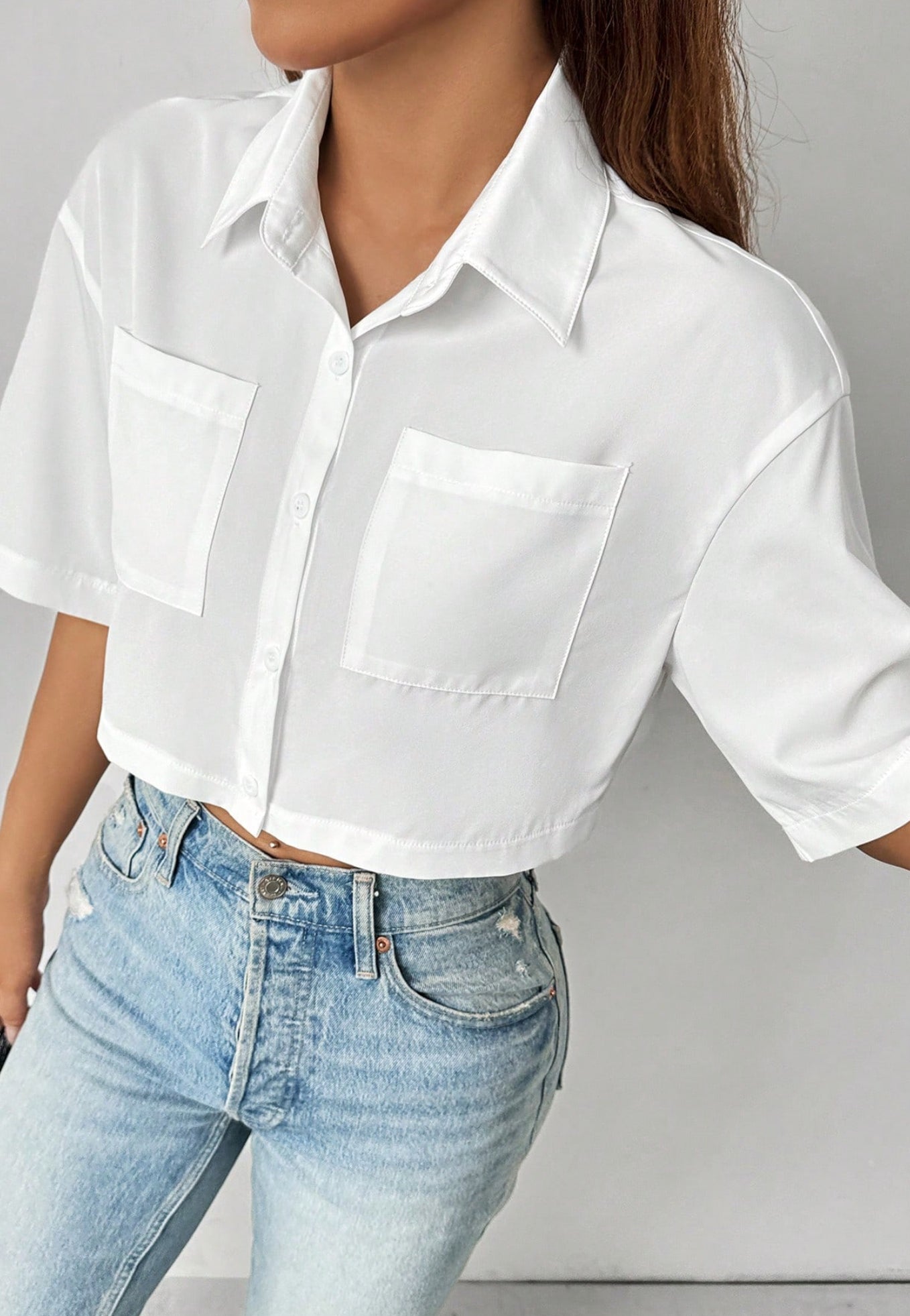 Plain Shirt Collar Front Button Short Sleeve Pocket Minimalist Casual shirt