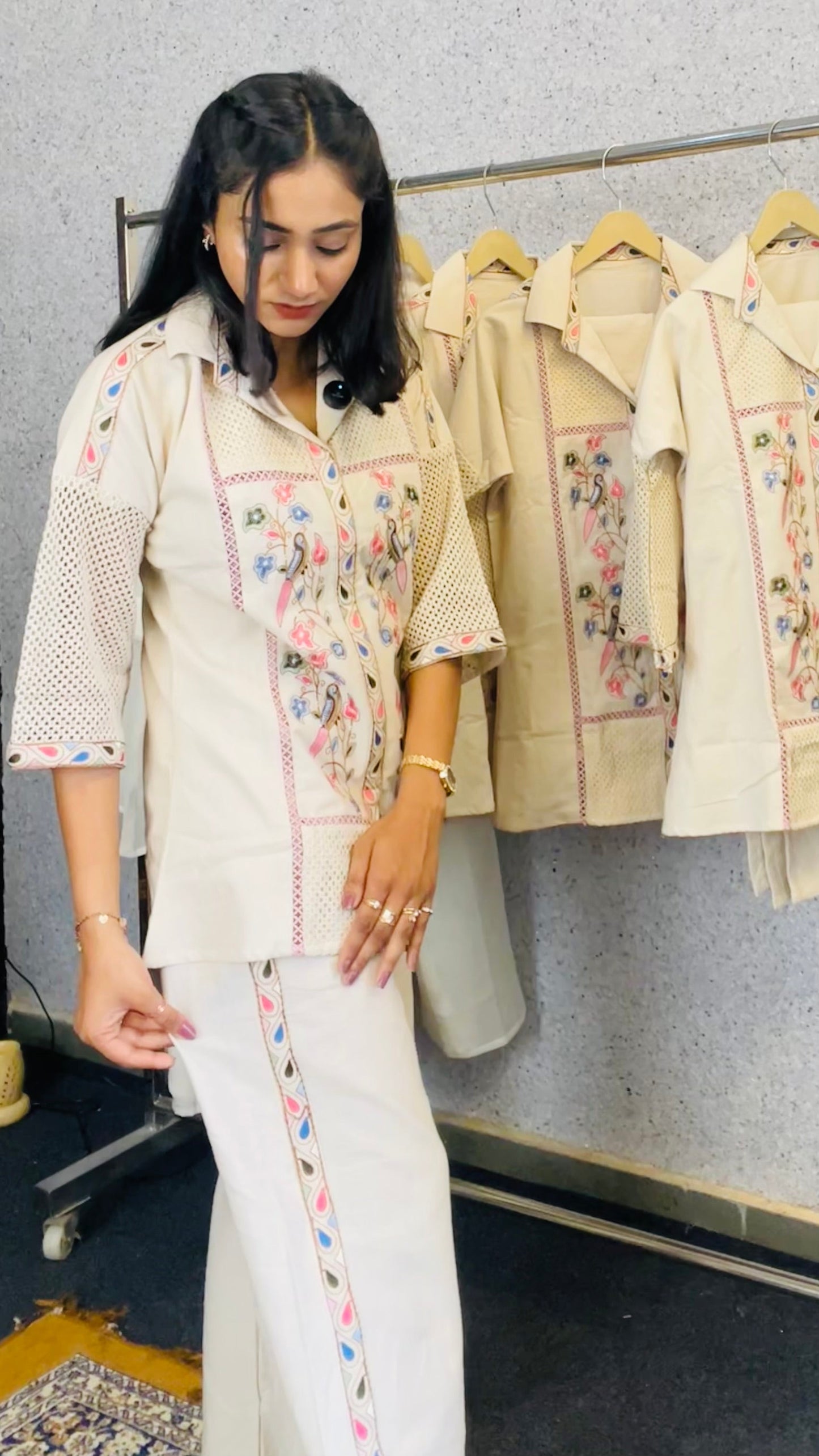 Ivory-Embroidered Jute Cotton Co-ord Set