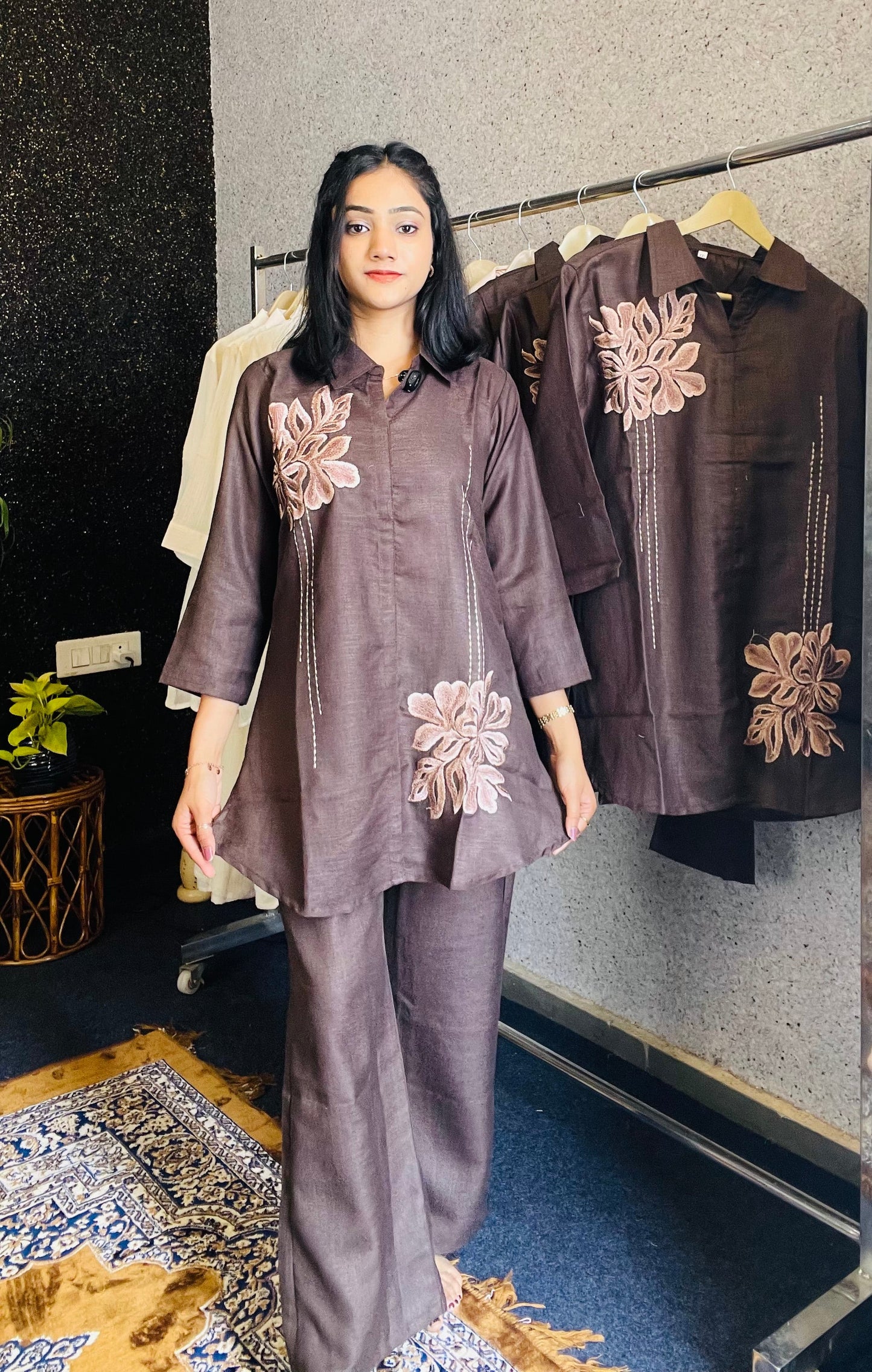 Elegant Brown Embroidered Cotton Silk Co-ord Set