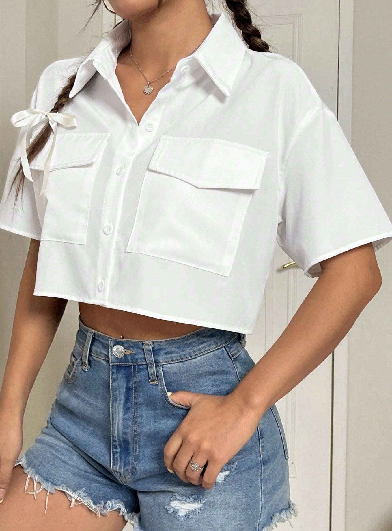 Women Summer Solid Color Workwear Pocket Cropped Casual Short Sleeve