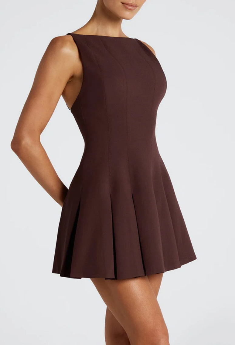 Slash Brown Mini Pleated Dress