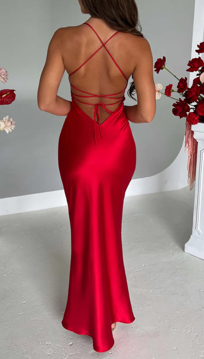 Red Satin Backless Maxi Dress