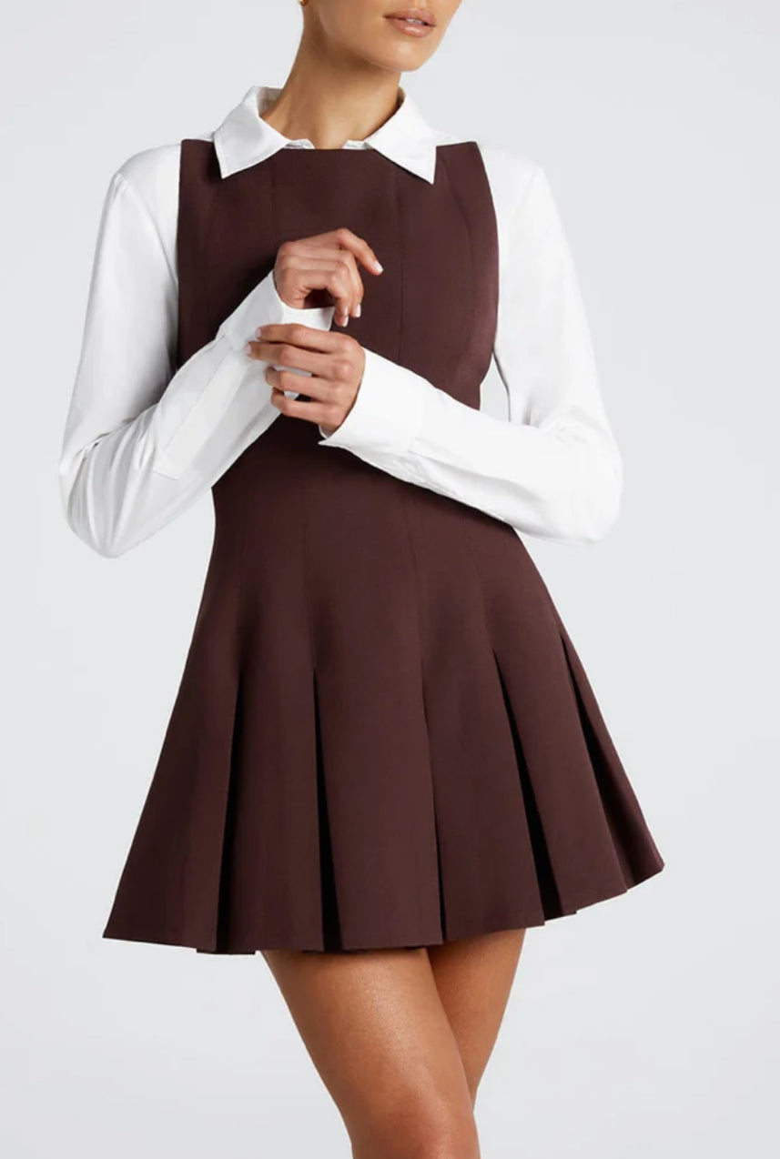 Slash Brown Mini Pleated Dress