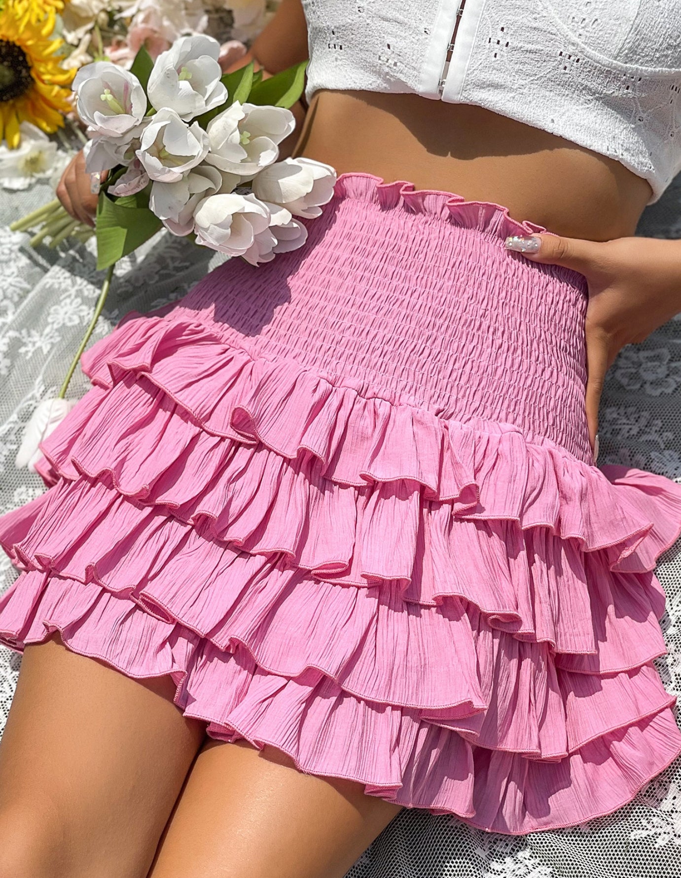 Pink Gathered Layered Mini Frill Skirt – Playful & Chic