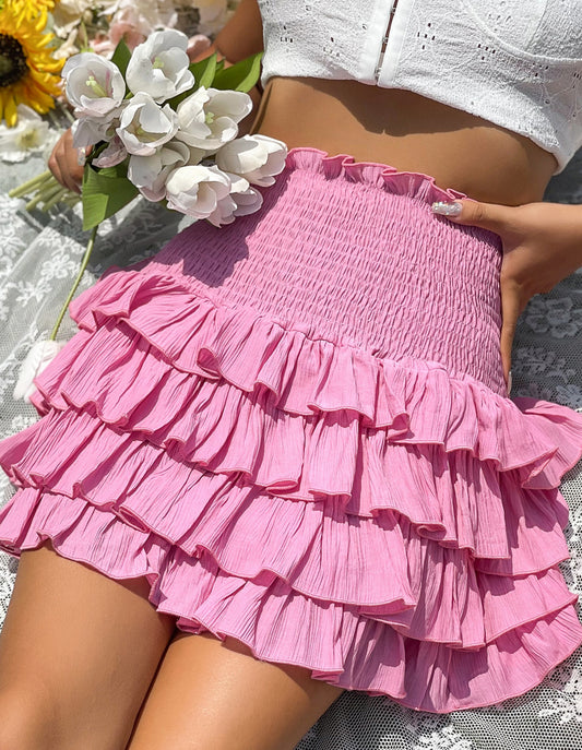 Pink Gathered Layered Mini Frill Skirt – Playful & Chic