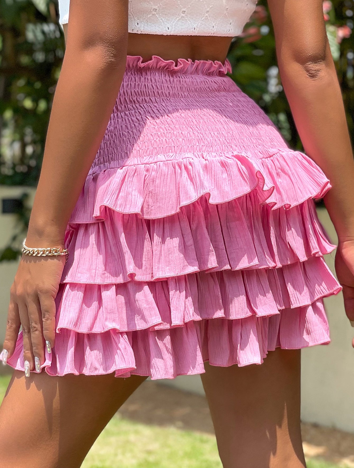 Pink Gathered Layered Mini Frill Skirt – Playful & Chic